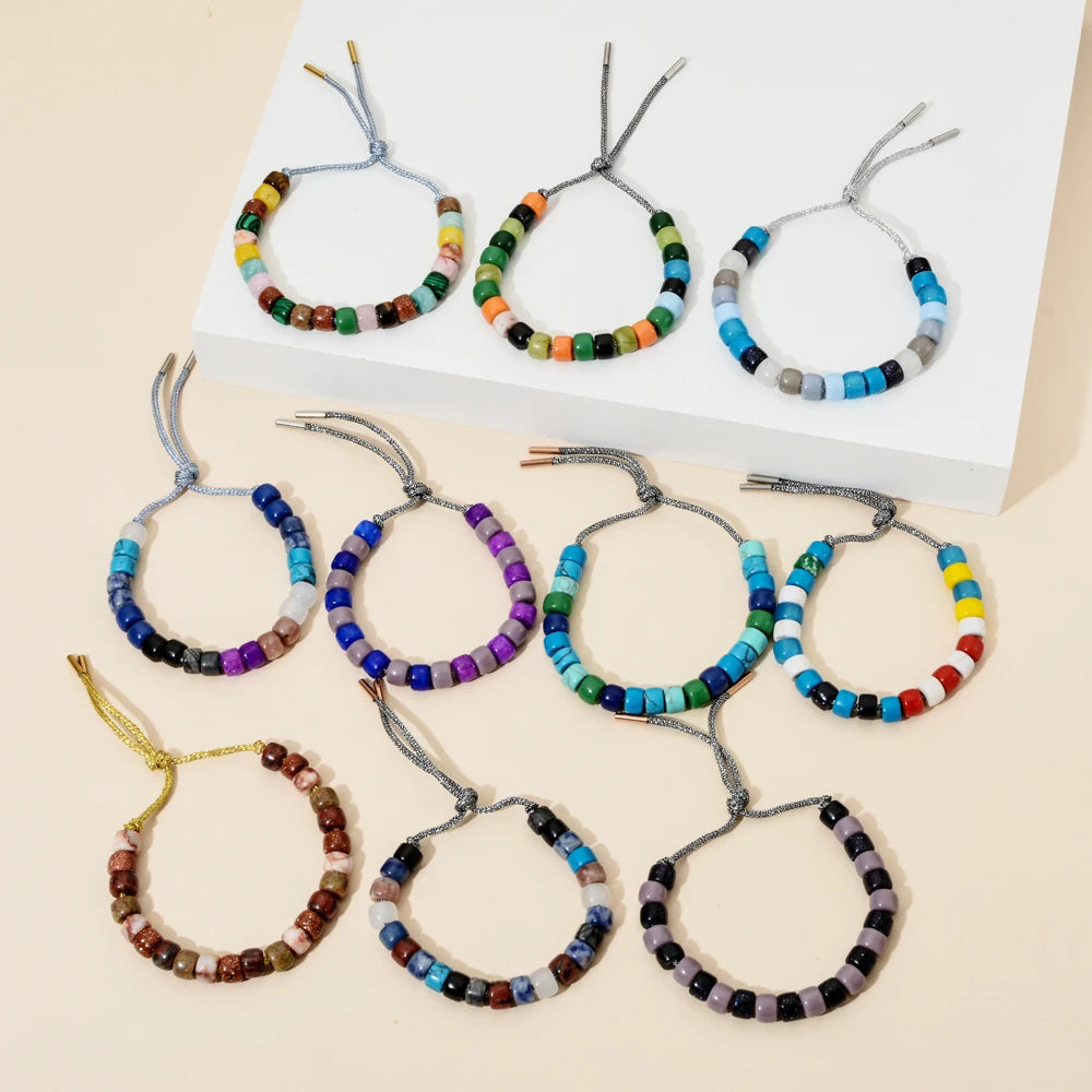 Vintage Boho Handmade Pull Tie on Rope Bracelet DIY Natural Stones Crystal Charm Beads Stone Trendy Bracelet Lucky Jewelry