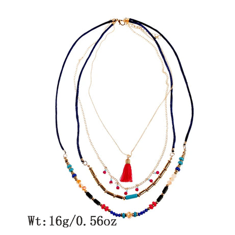 Woven Bead Multilayer Tassel Choker Necklace Jewelry