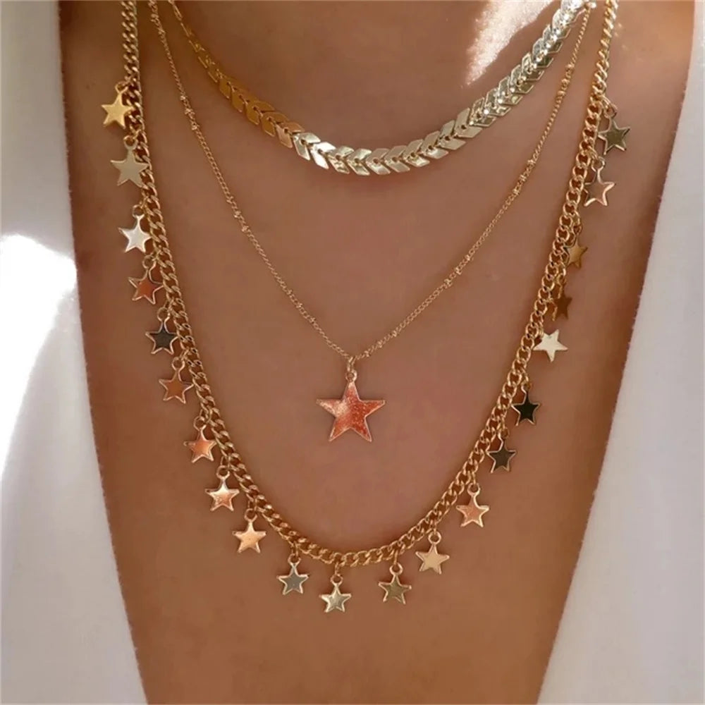 Gold Heart Multilayer Pendant Necklace Set Jewelry