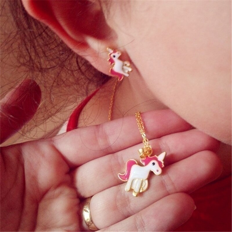 4pcs/set Necklace Earrings Cartoon Unicorn Necklace Earring Jewelry Pink Girls Gift Jewelry Jewelry  Earring and Necklace Set - Charlie Dolly
