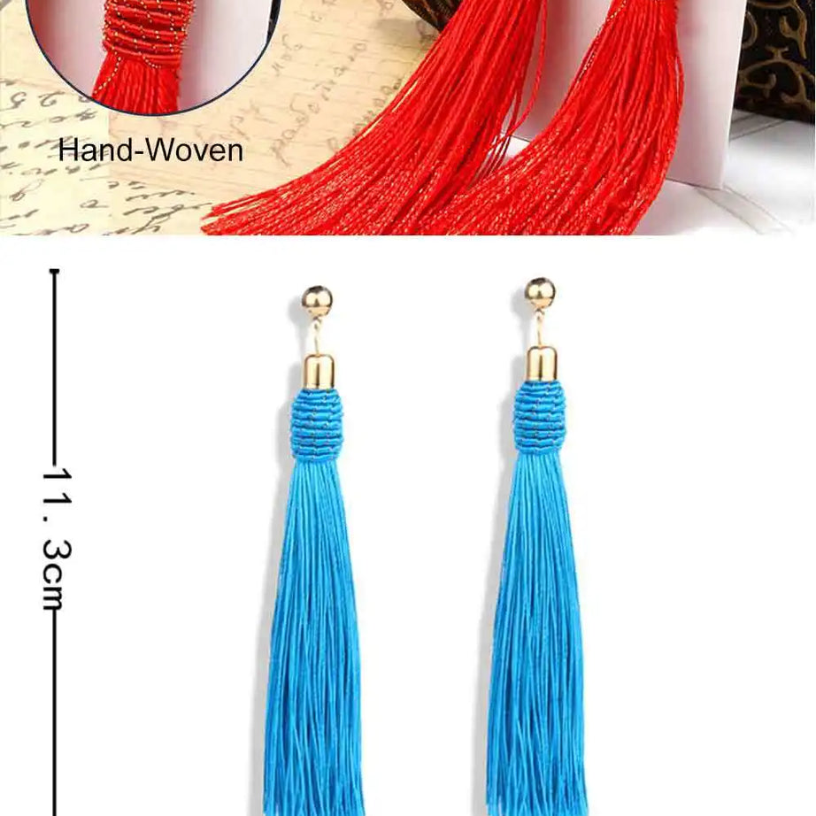 Hand Woven Silk Tassel Long Earrings Jewelry