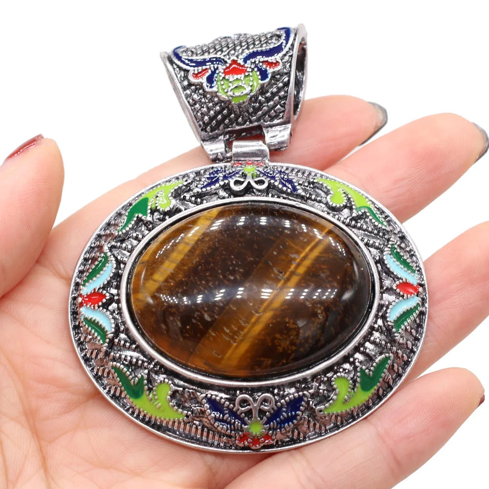 Vintage Ethnic Natural Stone Crystal Agates Charms Elliptical Boho Abalone Shell Pendant for Jewelry Making DIY Necklace Gift