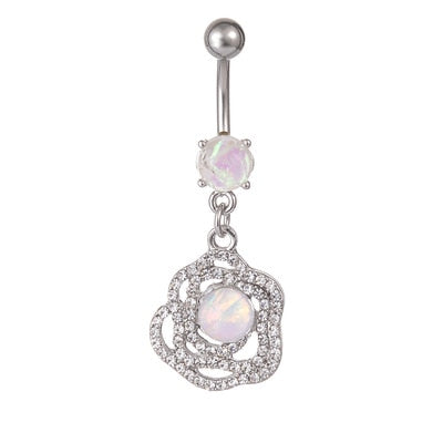 1PCS Flower Dangling Navel Belly Button Piercing Ring Bent Barbells Opal Belly Chain Jewelry Stainless Steel Women Body Jewelry