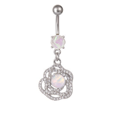 1PCS Flower Dangling Navel Belly Button Piercing Ring Bent Barbells Opal Belly Chain Jewelry Stainless Steel Women Body Jewelry - Charlie Dolly