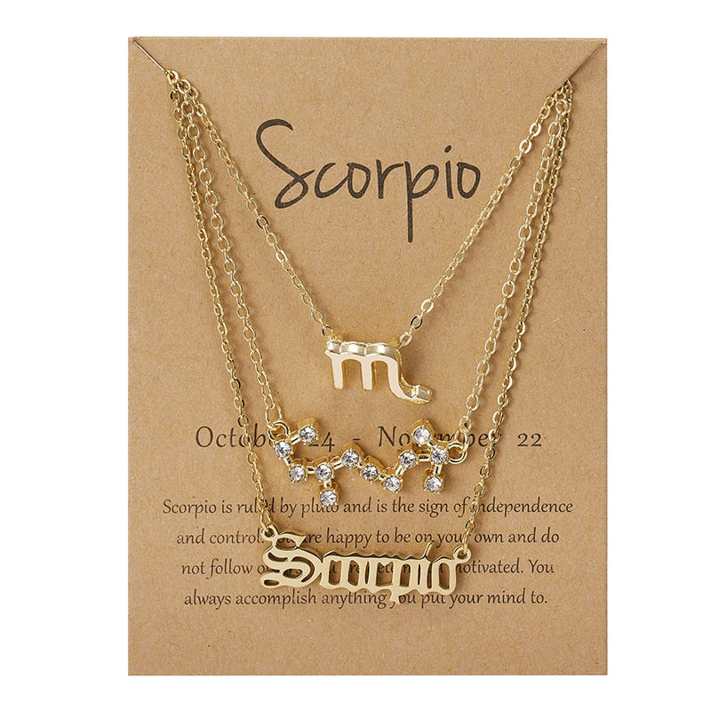 3Pcs/set 12 Zodiac Sign Necklace For Women 12 Constellation Pendant Chain Choker Birthday Jewelry With Cardboard Card - Charlie Dolly