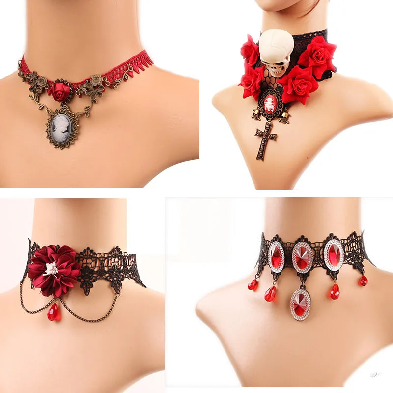 2023 Gothic Jewelry Red Bat Halloween Necklace Lace Choker Necklace for Women Nightmare Before Christmas Black Layered Necklace - Charlie Dolly
