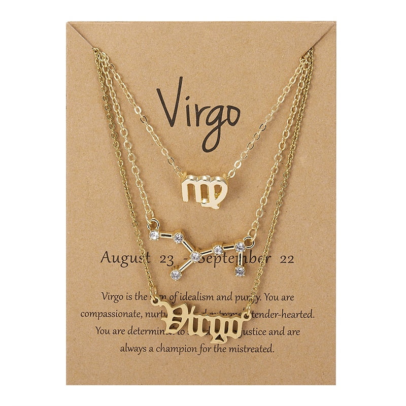 3Pcs/set 12 Zodiac Sign Necklace For Women 12 Constellation Pendant Chain Choker Birthday Jewelry With Cardboard Card - Charlie Dolly