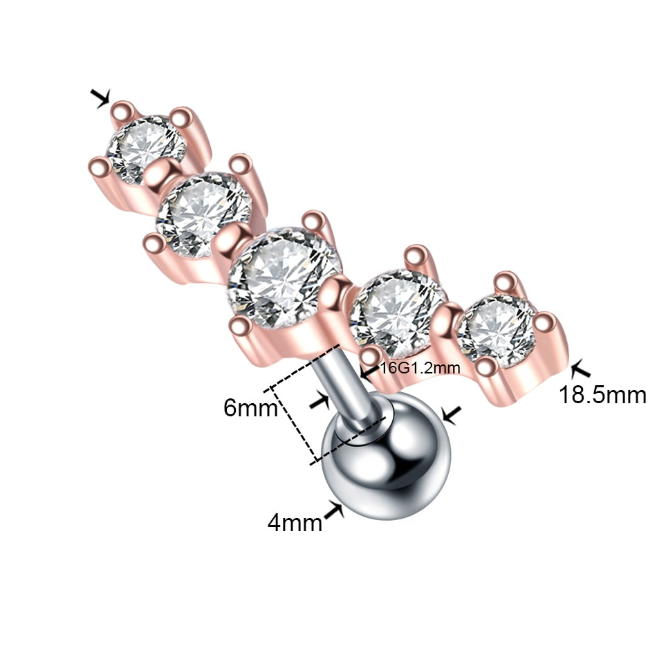 1PC Steel CZ Cartilage Stud Helix Earring Piercings Crystal Rook Tragus Conch Earring Stud Piercings Sexy Women Jewelry 16G - Charlie Dolly