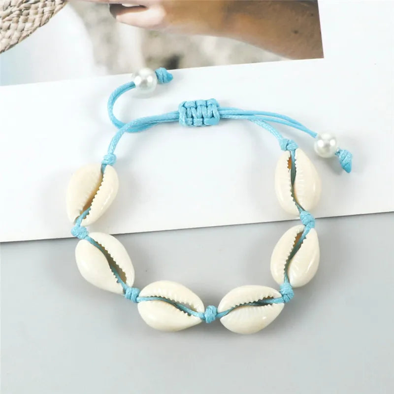 Vintage Boho Shell Bracelet Handmade Rope Chain Natural Shell Cowrie Charm Strand Bracelet Women Femme Ankle Jewelry Party Gifts