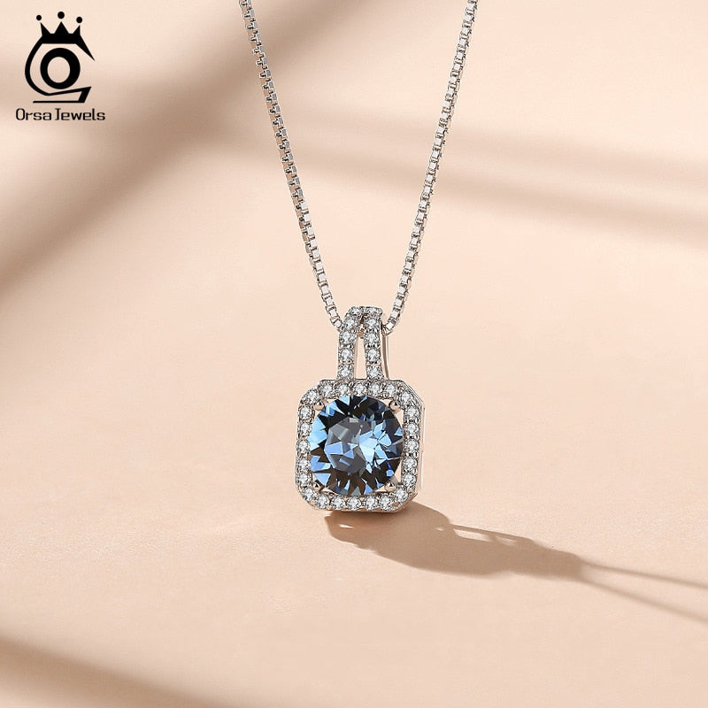 ORSA JEWELS Blue Crystal Necklace for Women 925 Silver Pendant Necklace Female Exquisite Romantic Fine Jewelry Necklace SWN01
