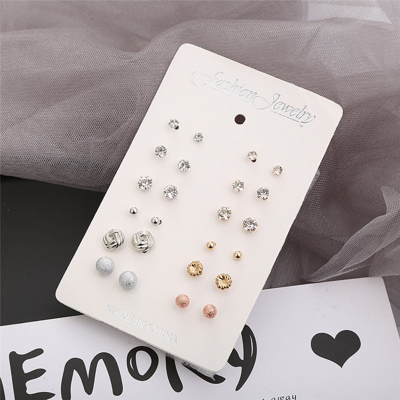 12 pairs/set Crystal Simulated Pearl Earrings Set Women Jewelry Accessories Piercing Ball Stud Earring kit Bijouteria brincos - Charlie Dolly