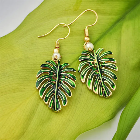 Green Enamel Coconut Leaf Pearl Drop Earrings Jewelry