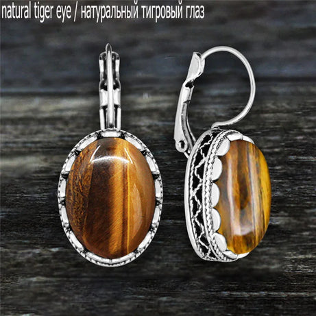 Oval Amethysts Earrings For Women Tibetan Silver Natural Stone Rose Quartz Lapis Lazuli Tiger Eye Fashion Earring - Charlie Dolly