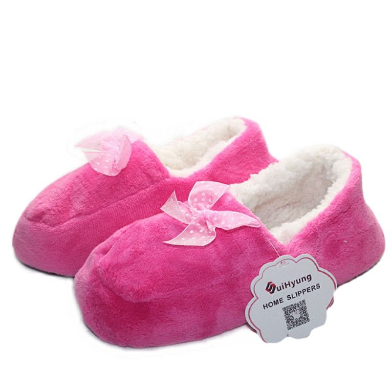 Suihyung Women Cotton Slippers Winter Warm Plush Indoor Floor Shoes Non-slip Hose Slip On Ladies Lace Bow Slides Fluffy Slippers