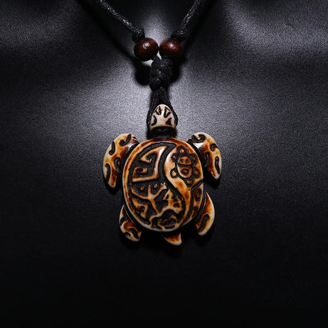 Sea Turtle Bone Pendant Wax Cord Necklace Jewelry