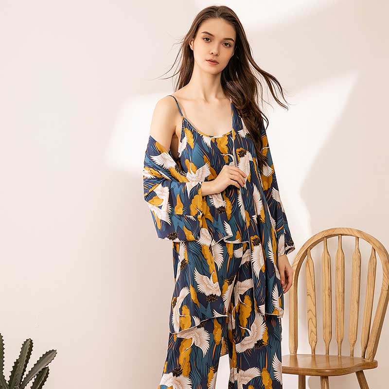 HOT SELLING 3Pcs Soft Pajama Set For SPRING & FALL Ladies Sleepwear Floral Printed  Pink Leaves Cardigan+Camisole+Pants Homewear - Charlie Dolly