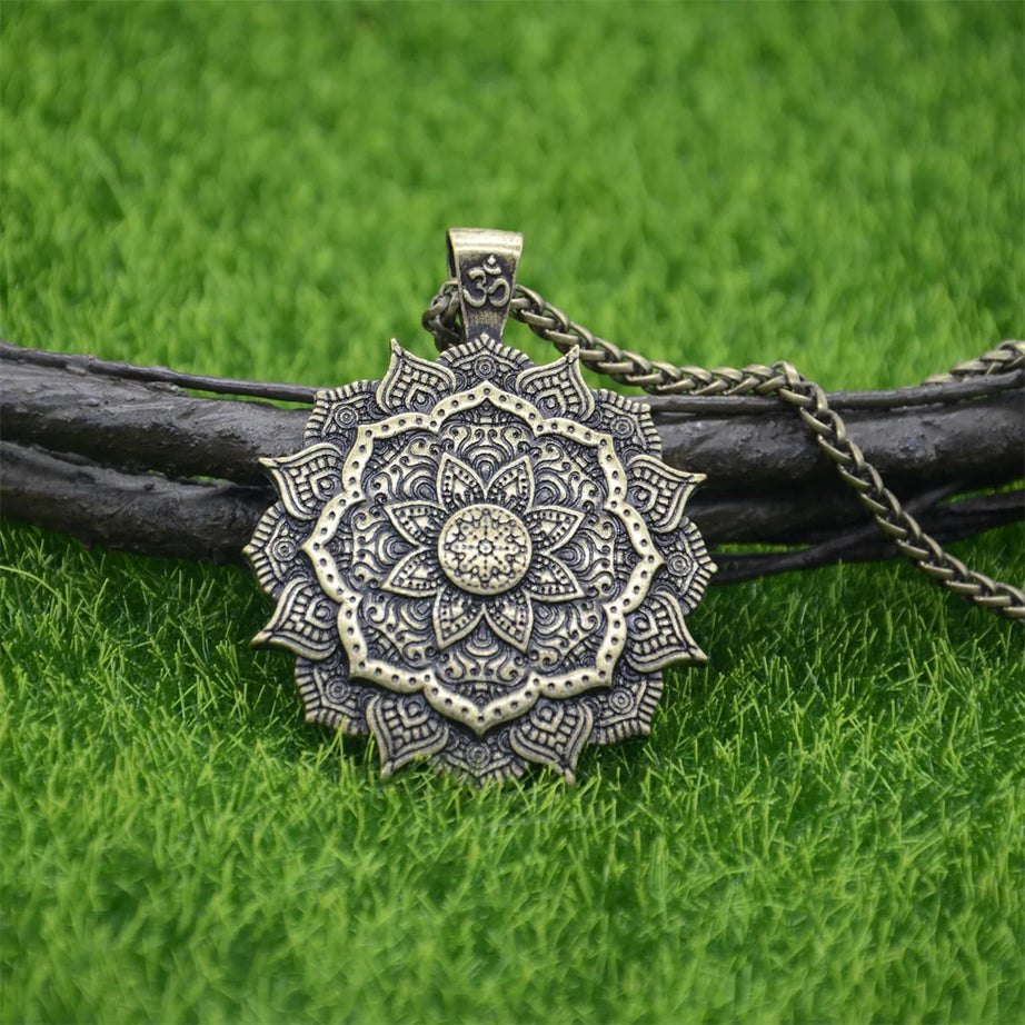 Om Lotus & Mandala Yoga Necklace, Sacred Spiritual Amulet
