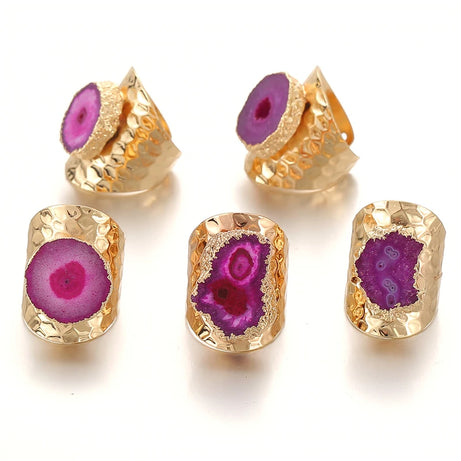 Boho Irregular Natural Stone Agate Slices Sunflower Wide Open Ring for Women Gold Plated Resizable Finger Jewelry - Charlie Dolly