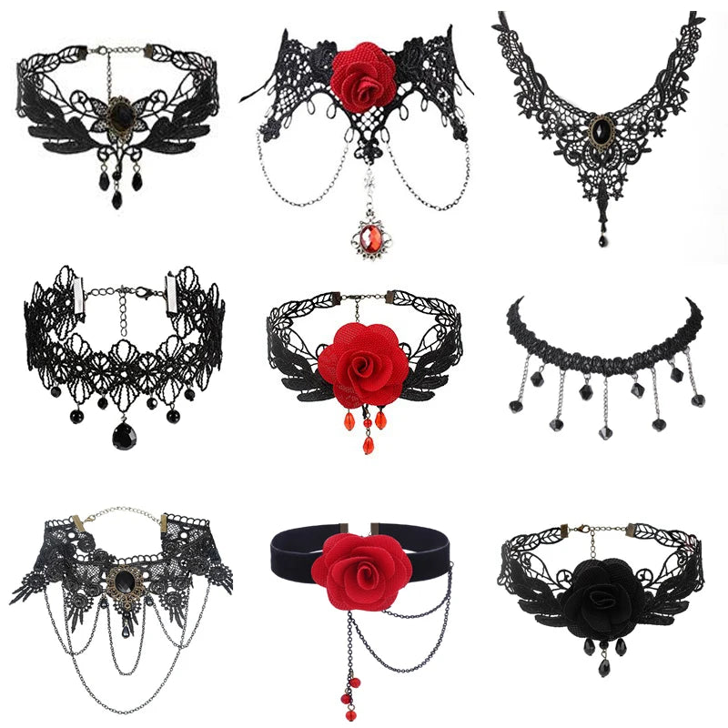 Party Jewelry Gothic Black Beaded Flowers Sexy Lace Neck Choker Necklace Vintage Tassel Chain Women Steampunk Halloween Jewelry - Charlie Dolly
