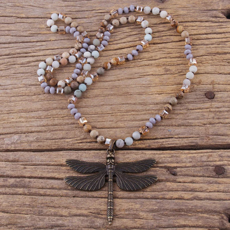 Retro Dragonfly Knotted Crystal Necklace Jewelry