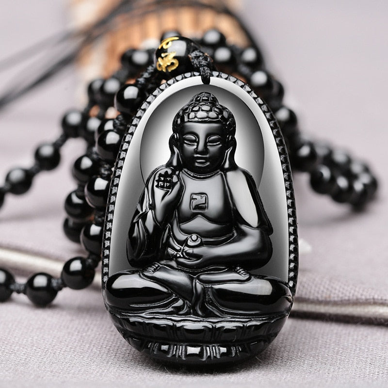Amitabha Pendant Necklace Black Obsidian Carved Buddha Lucky Amulet Necklaces For Women Men Jewelry Gifts Jewelry