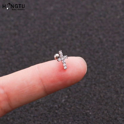 HONGTU 1PC Copper Flower Heart Moon Zircon Tragus Ear Piercing Surgical Steel Shaft Bar Daith Earrings Helix Cartilage Studs 16g