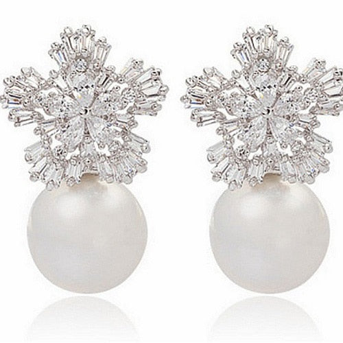 Imitation Pearl Earrings Women Fashion Snowflake Crystal Earrings Charm Zircon Jewelry Cute Earrings Best Choice for Couple Gift - Charlie Dolly