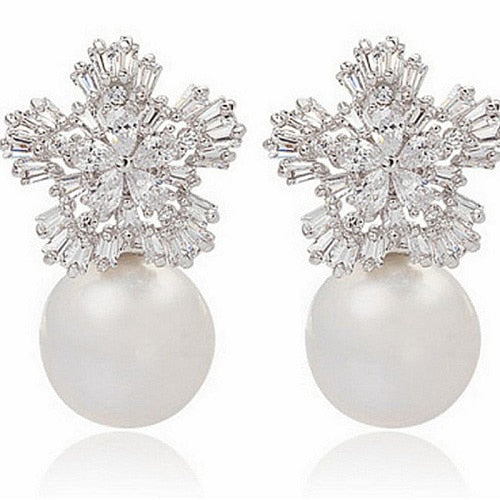 Imitation Pearl Earrings Women Fashion Snowflake Crystal Earrings Charm Zircon Jewelry Cute Earrings Best Choice for Couple Gift - Charlie Dolly