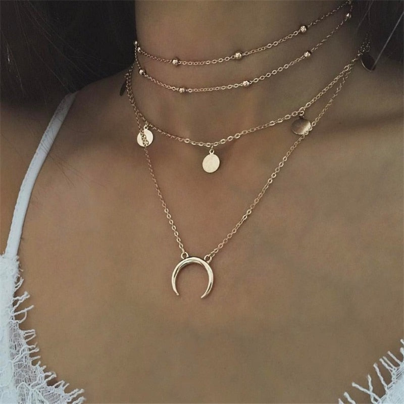 2023 Boho Necklaces &amp; Pendants Vintage Multilayer Choker Necklace Women Fashion Collar Collier Femme Moon Jewelry Accessories - Charlie Dolly
