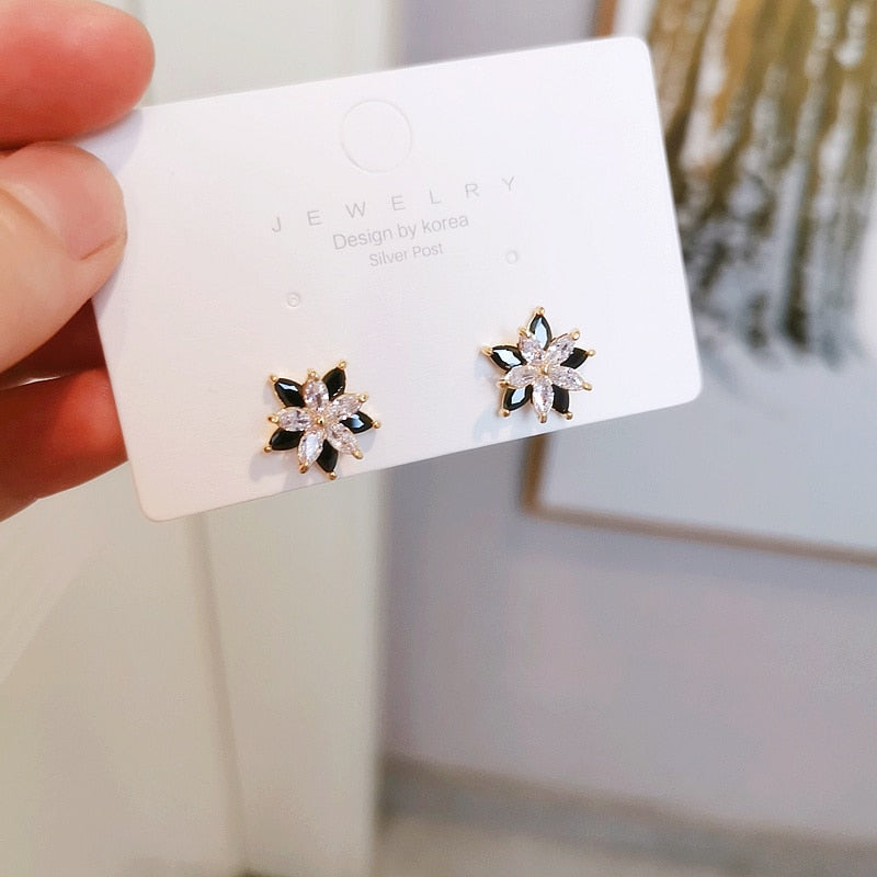 High Quality Luxury Bling Zircon Flower Stud Earrings For Women Sweet Cute Clear White Crystal Earrings Wedding Ear Stud Jewelry - Charlie Dolly