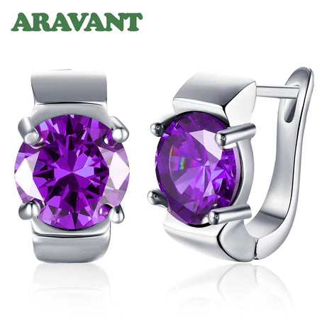 925 Silver Amethyst Hoop Earrings, Colorful Gemstone Wedding Jewelry