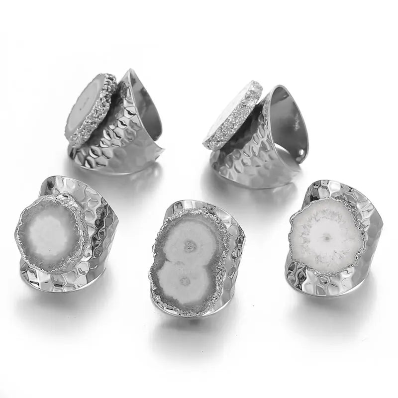 Boho Irregular Natural Stone Sunflower Agate Slices Ring Wide Open Ring for Women Silver Plated Resizable Finger Jewelry