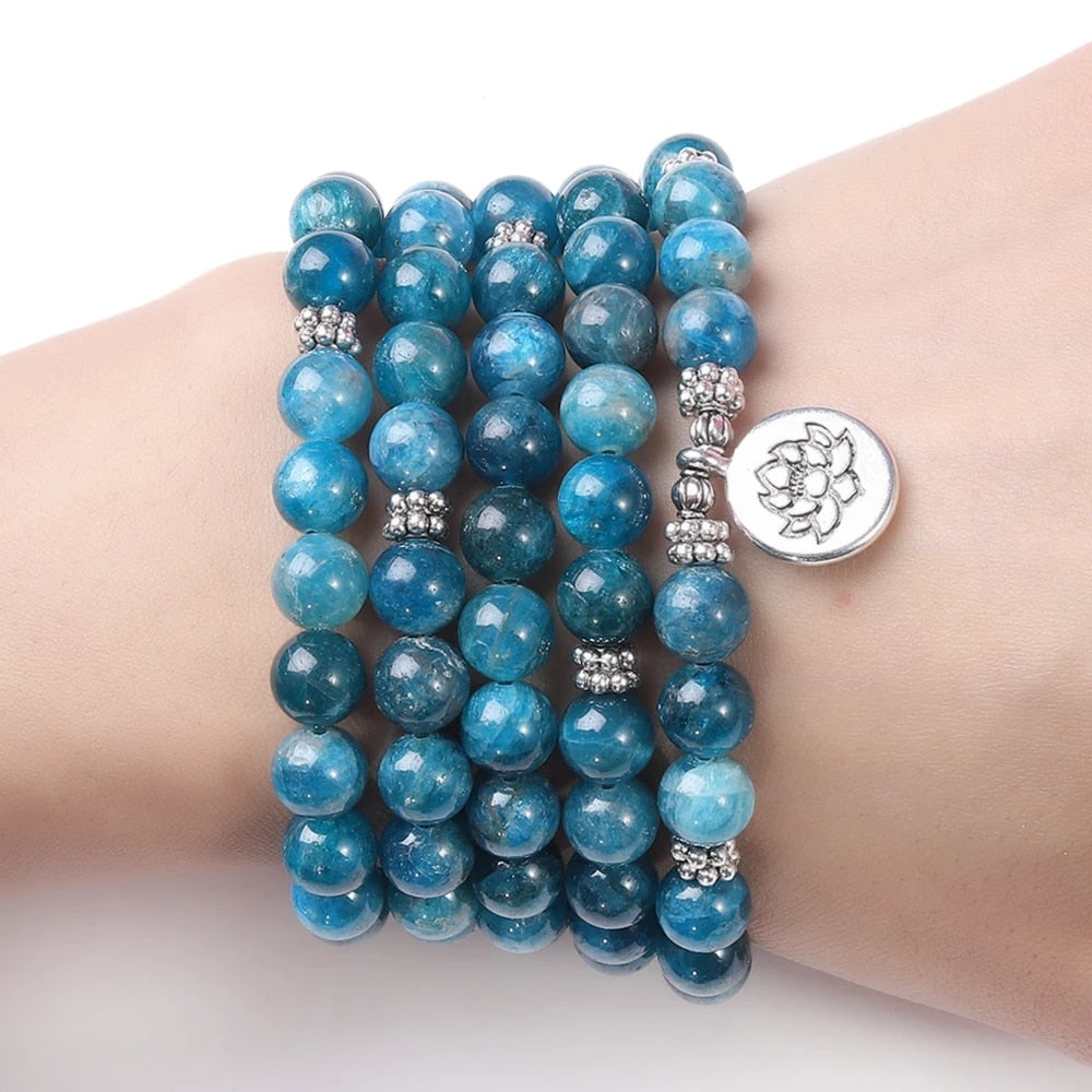 Natural Stone Women Men 108 Mala Apatite with Lotus OM Buddha Charm Yoga Bracelet or Necklace Natural Jewelry - Charlie Dolly