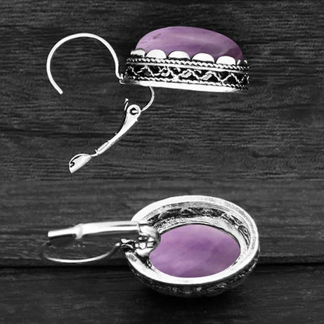 Oval Amethysts Earrings For Women Tibetan Silver Natural Stone Rose Quartz Lapis Lazuli Tiger Eye Fashion Earring - Charlie Dolly