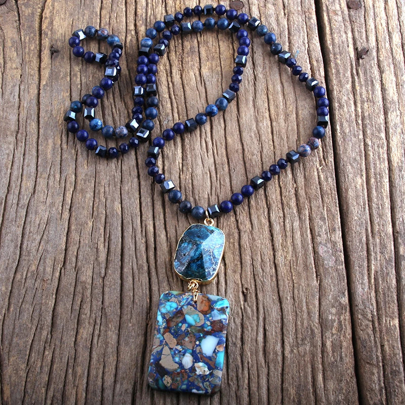 RH Fashion Bohemian Jewelry Natural Stones Crystal Stone Knotted Semi Precious Stone Boho Multi Pendant Necklace Women Gift