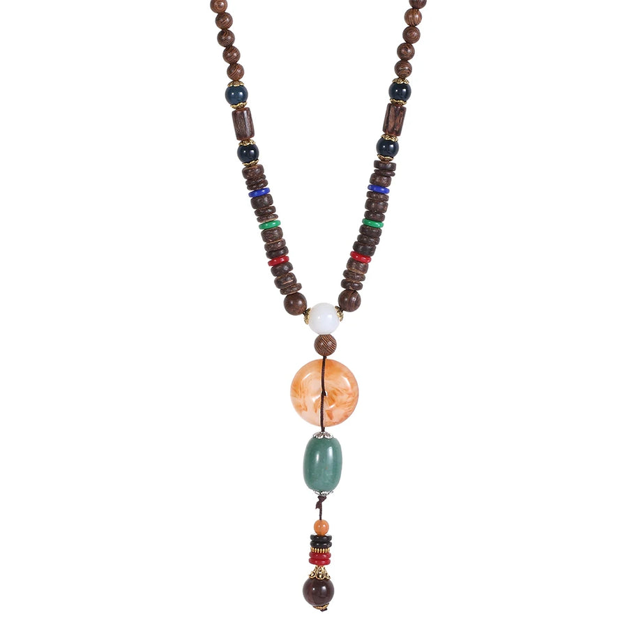 Nepal Wood Bead Pendant Long Necklace Jewelry