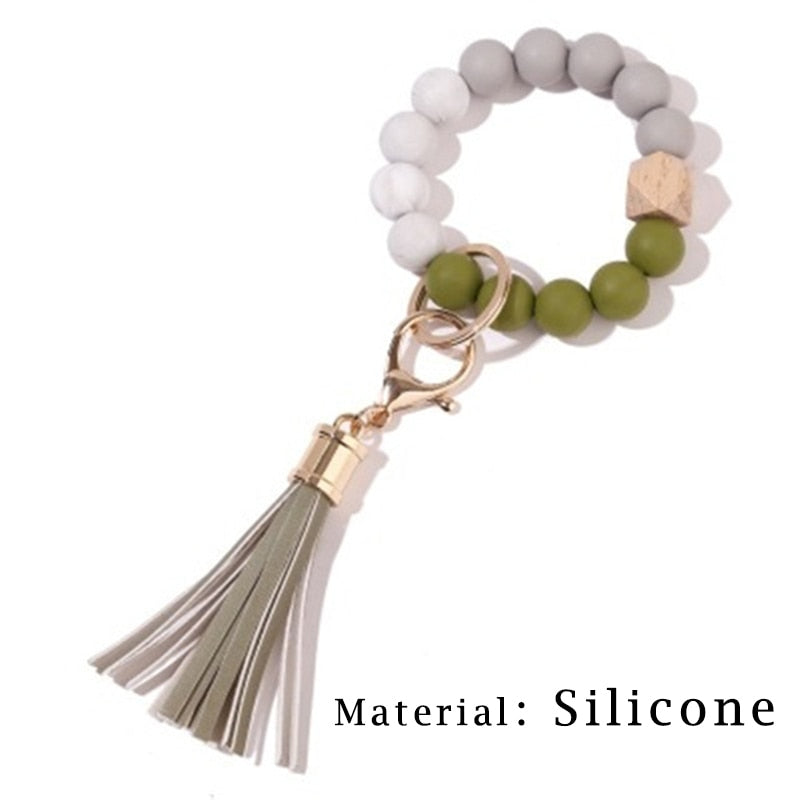 Silicone Keyring For Women Tassel Wood Beads Bracelet Keychain For Keys Multicolor Keychain Wholesale Accessories - Charlie Dolly