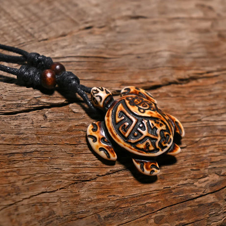 Sea Turtle Bone Pendant Wax Cord Necklace Jewelry