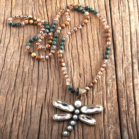 Dragonfly Long Knotted Stone Necklace Jewelry