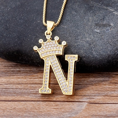 Nidin  Luxury Copper Zircon A-Z Crown Alphabet Pendant Chain Necklace Hip-Hop Style Fashion Woman Man Initial Name Jewelry - Charlie Dolly