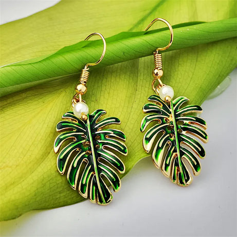 Green Enamel Coconut Leaf Pearl Drop Earrings Jewelry