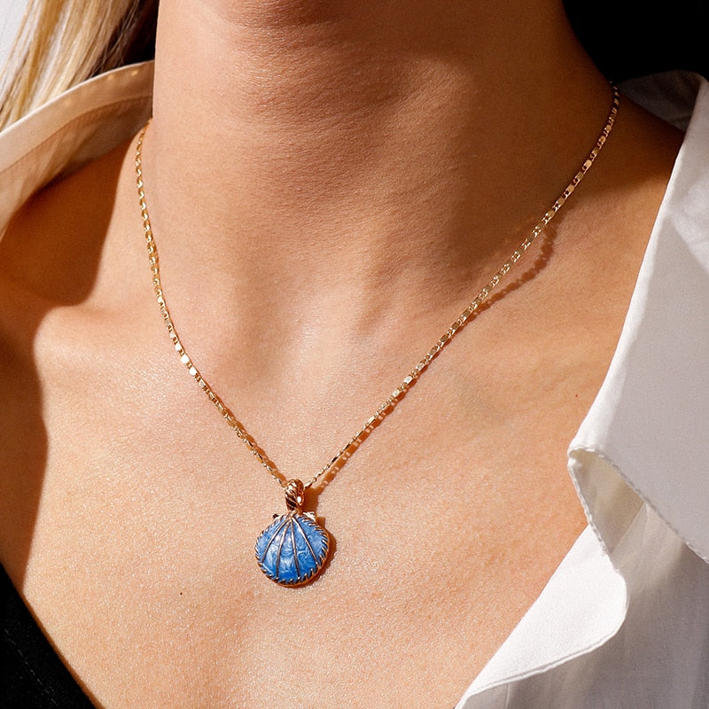 Novelty Pink Blue Enamel Fan Shell Pendants Necklaces Gold Color Chain Choker Necklace for Women Summer Beach Party Jewelry - Charlie Dolly
