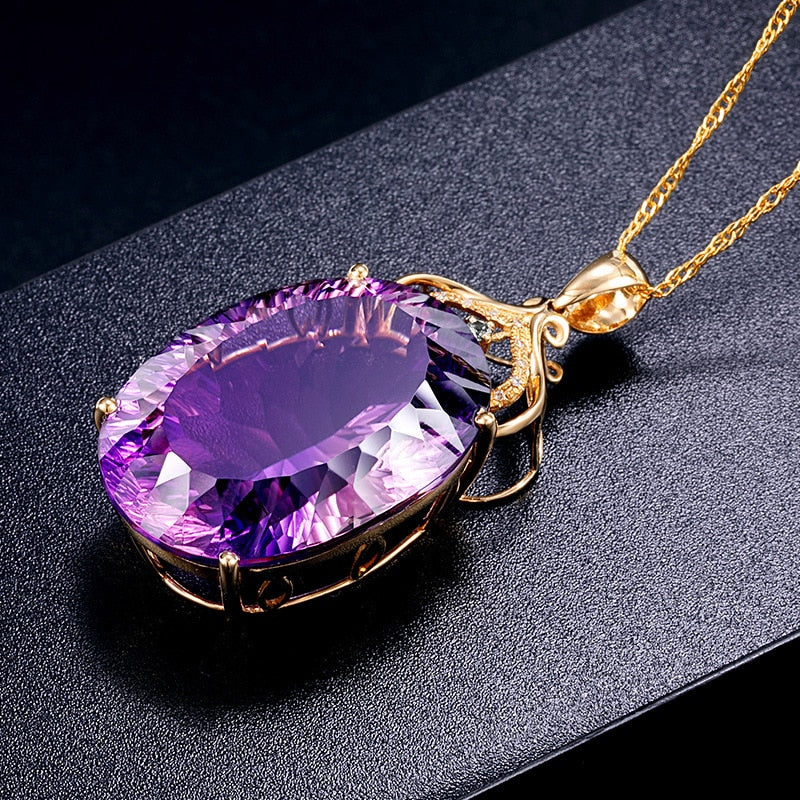 Amethyst Sapphire Gemstone Charm 18k Gold Plated Silver 36CT Oval Crystal Zircon Pendant Necklace Lady Wedding Jewelry - Charlie Dolly