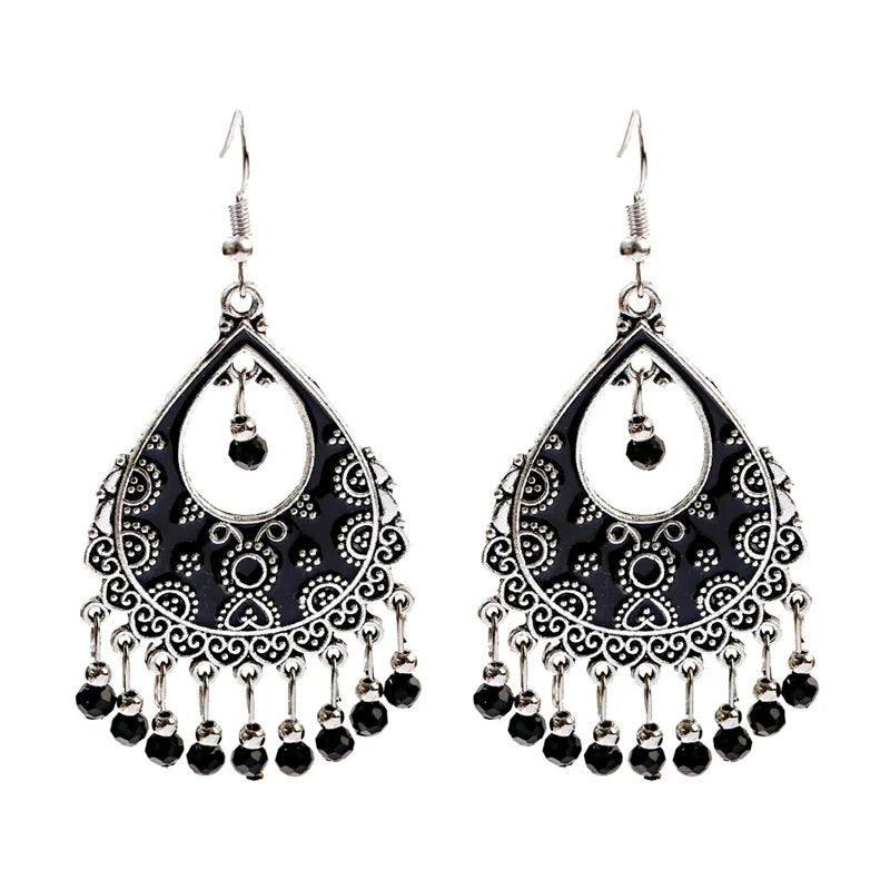 خمر الخرز الأحمر شرابة أقراط الزفاف الهندي Jhumka العتيقة بوهو الفضة اللون زهرة منحوتة إسقاط أقراط Brincos مجوهرات