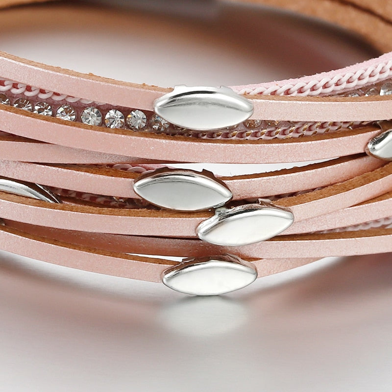 ALLYES Leaf Charm Pink Leather Bracelets for Women 2023 Fashion Crystal Chain Boho Multilayer Wrap Bracelet Femme Jewelry - Charlie Dolly