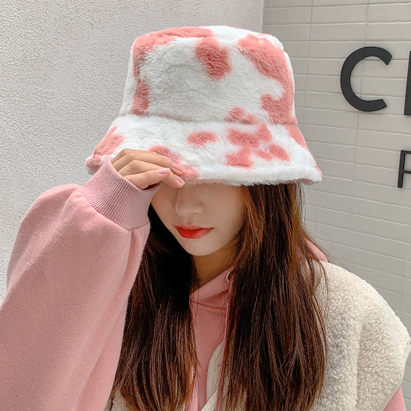 2021 New Fashion Korean Pink Cow Print Bucket Hat Faux Fur Winter Hats For Women Warm Plush Fisherman Caps - Charlie Dolly