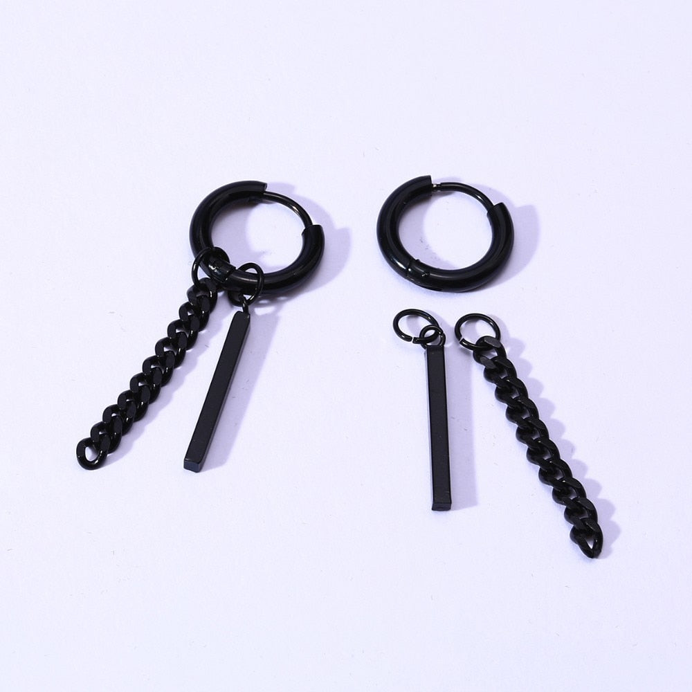 Men Bar Detail Hoop Earring For Women Men Piercing Stainless Steel Fringed Chain Earing - Charlie Dolly