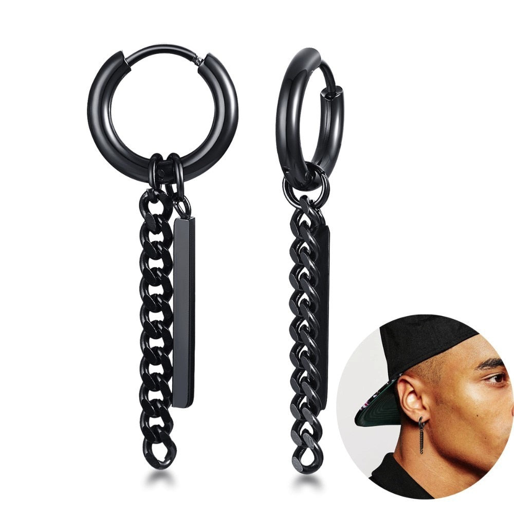 Men Bar Detail Hoop Earring For Women Men Piercing Stainless Steel Fringed Chain Earing - Charlie Dolly