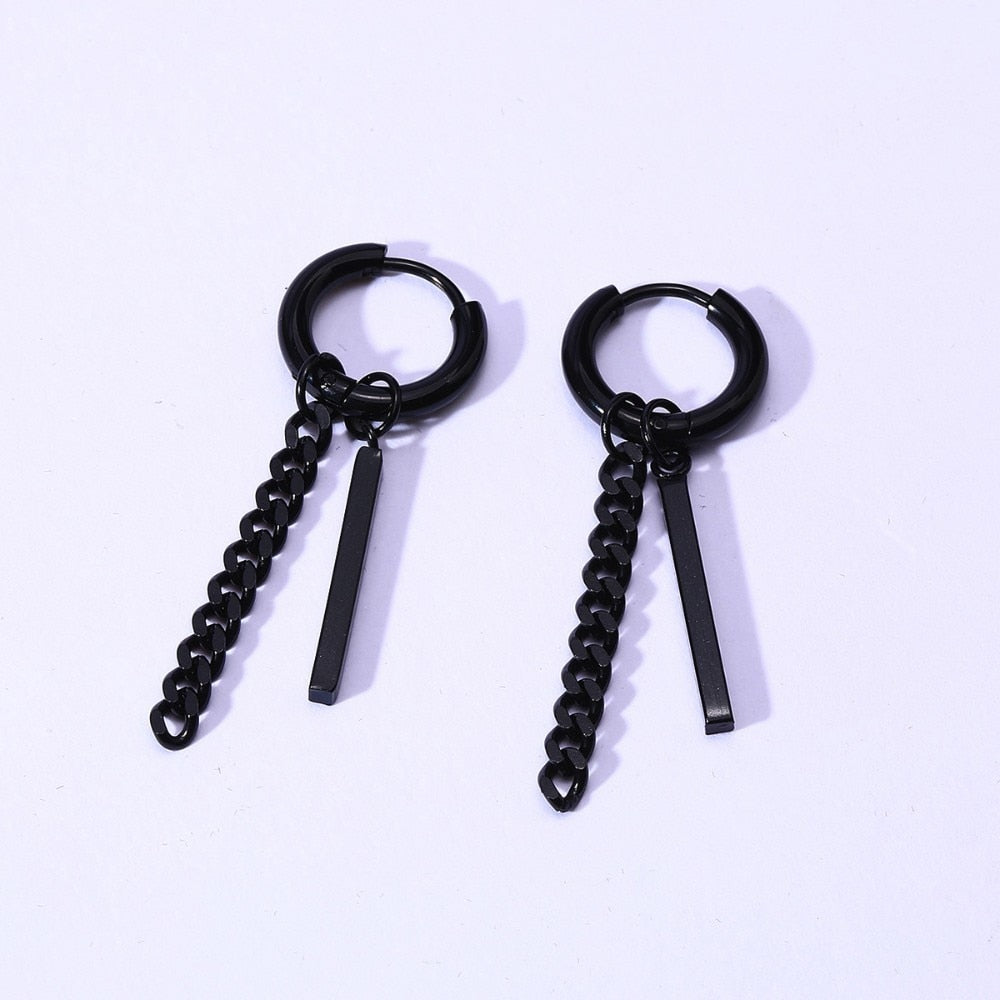 Men Bar Detail Hoop Earring For Women Men Piercing Stainless Steel Fringed Chain Earing - Charlie Dolly