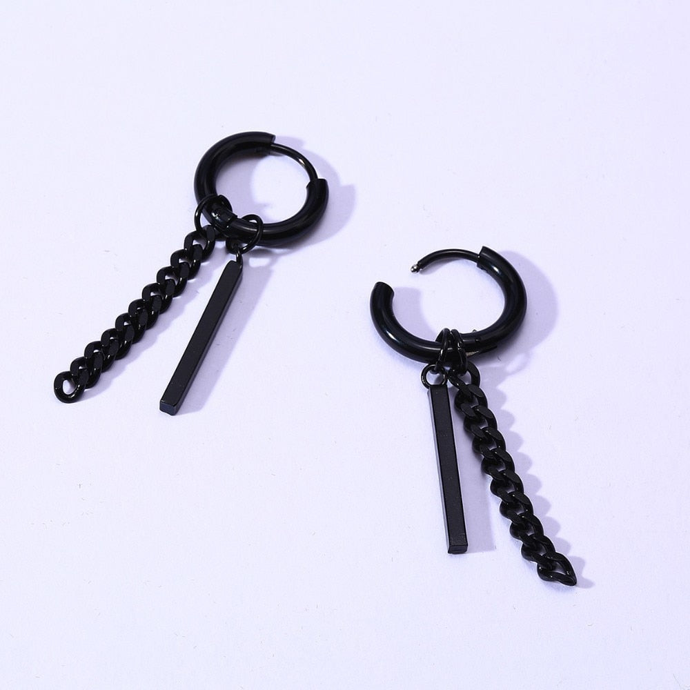 Men Bar Detail Hoop Earring For Women Men Piercing Stainless Steel Fringed Chain Earing - Charlie Dolly